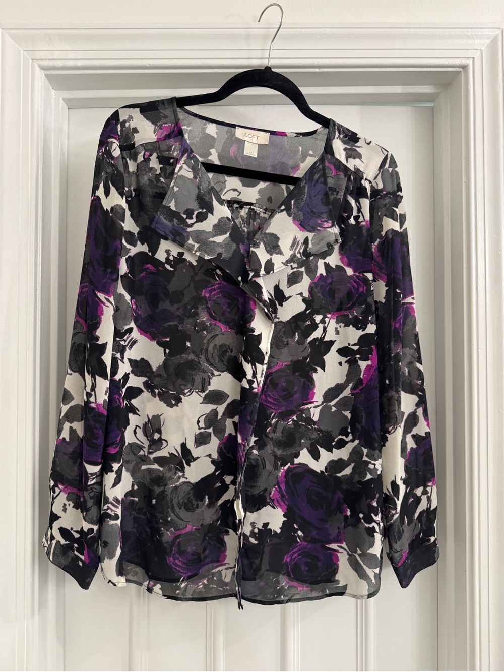 LOFT Black, White & Purple Floral V-Neck Blouse